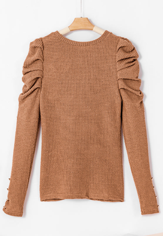 Decorative Button Round Neck Puff Sleeve Blouse OutfitFlow