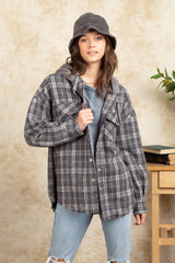 Outfit Flow - Drawstring Plaid Long Sleeve Hooded Jacket