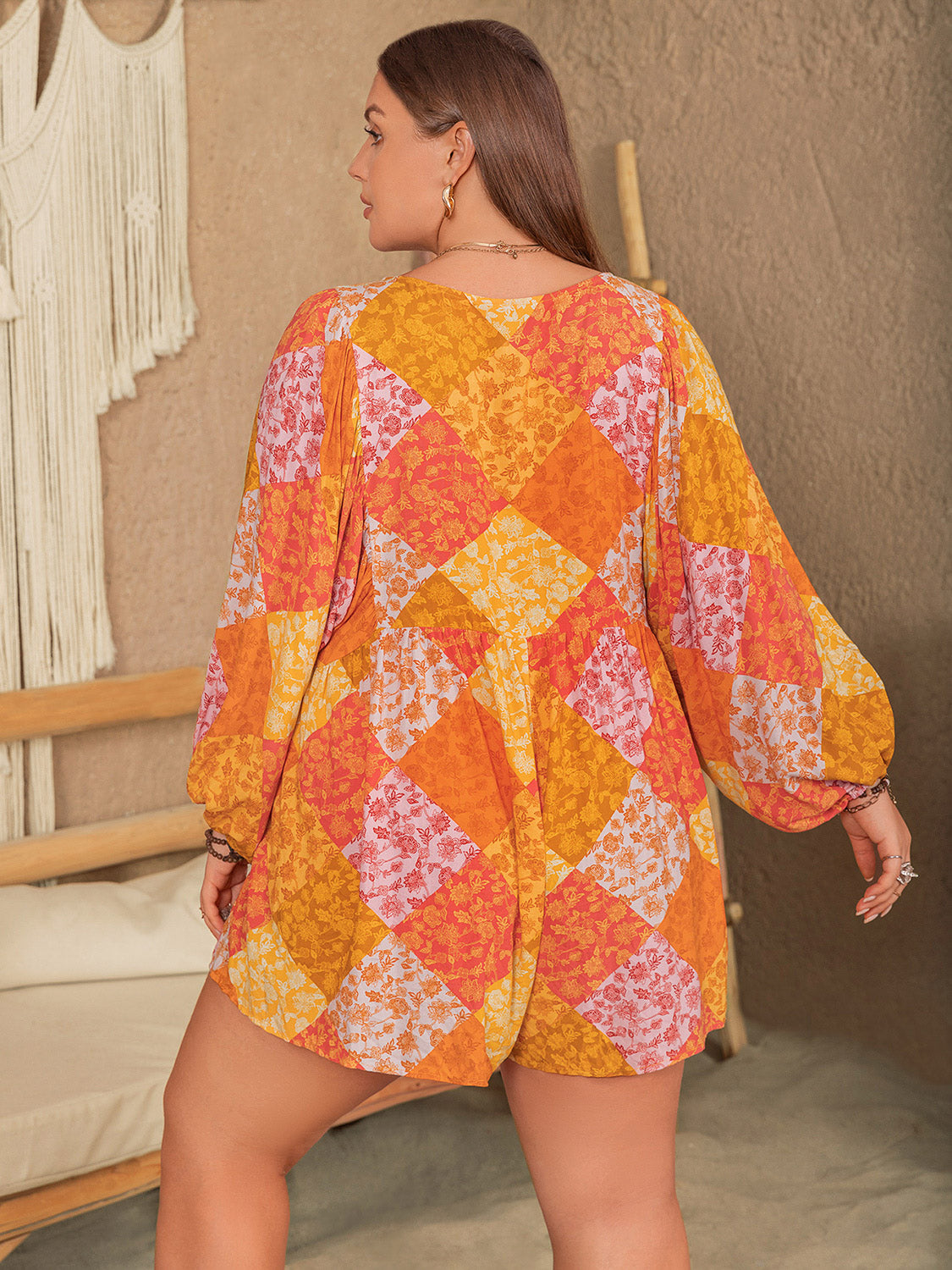 Outfit Flow - Plus Size Floral Tie Neck Balloon Sleeve Romper