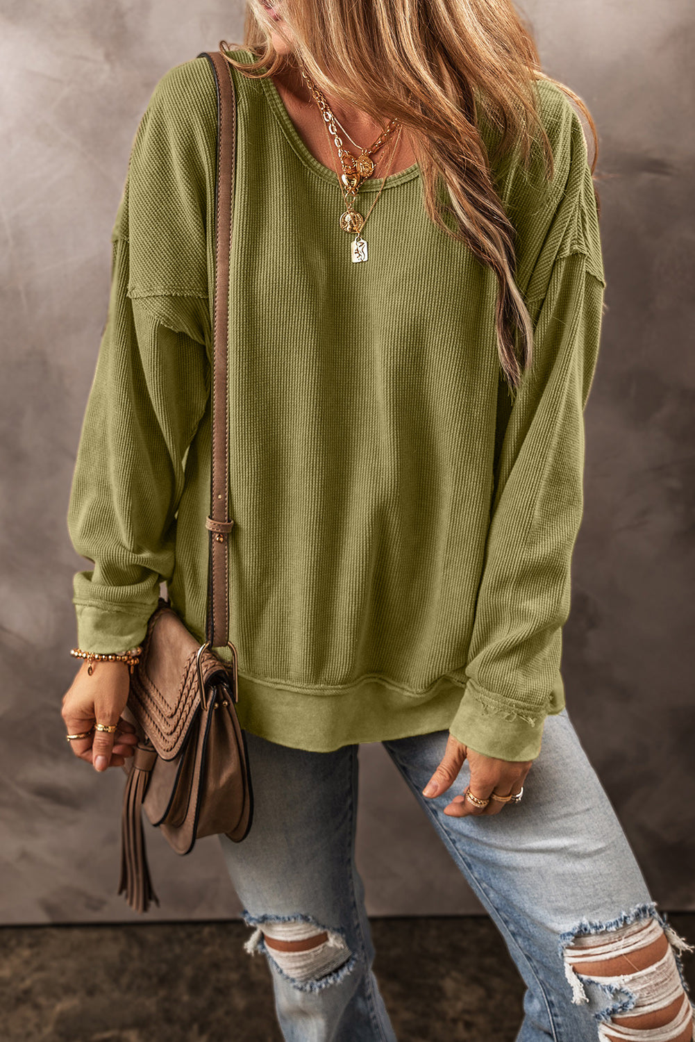 Outfit Flow - Textured Round Neck Long Sleeve Sweatshirt