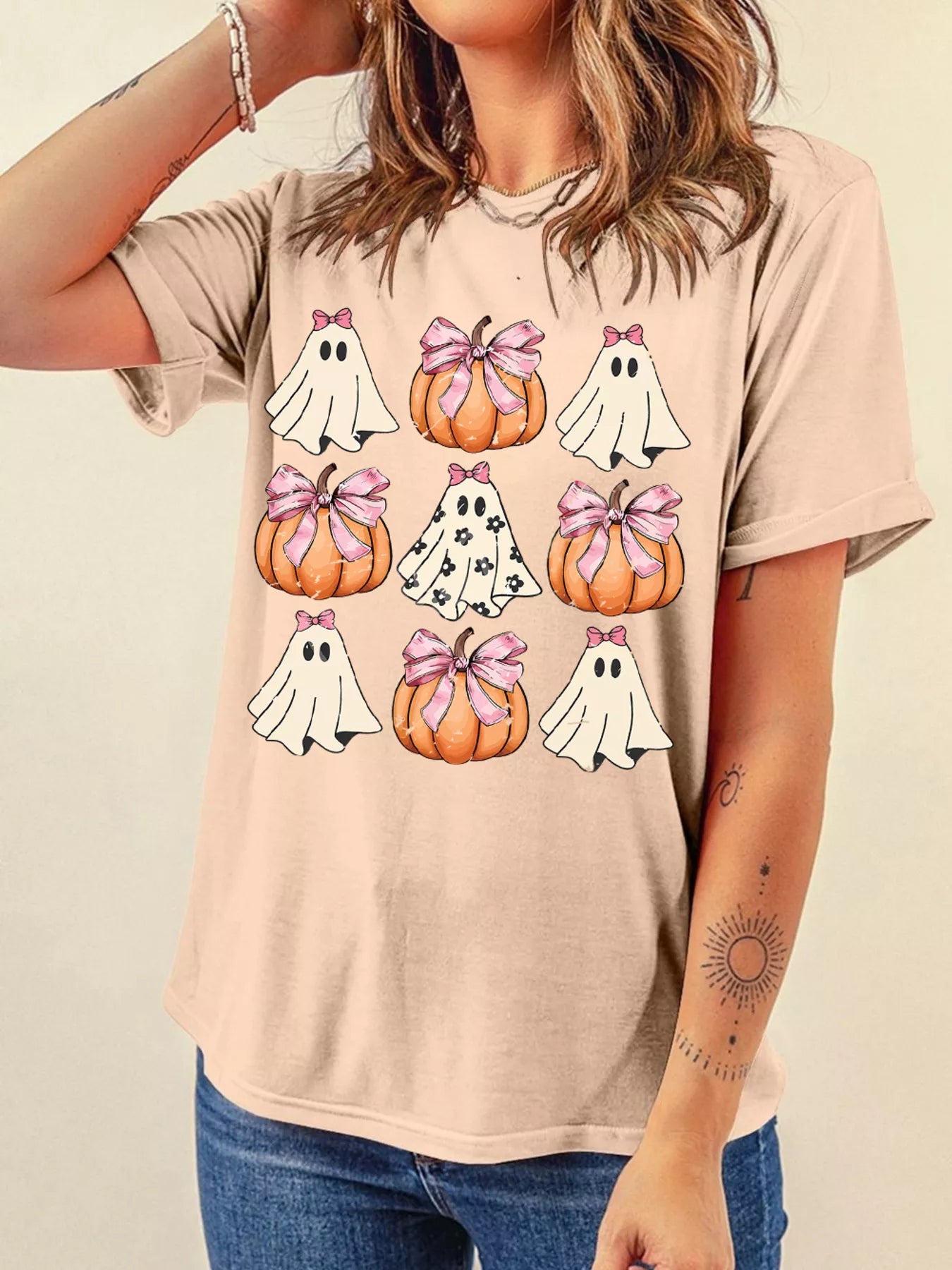 Halloween Bowknot Ghost Pumpkin Graphic T Shirt OutfitFlow