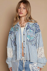 POL Printed Woven Mix Raw Hem Jacket with Lace Detail OutfitFlow