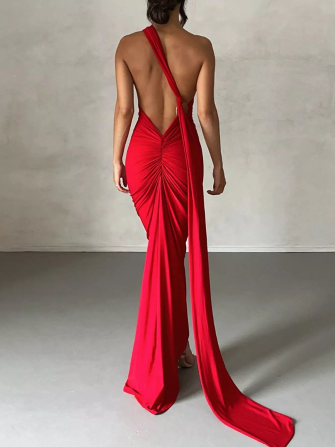 Backless One-Shoulder Ruched Bodycon Maxi Dress Red OutfitFlow