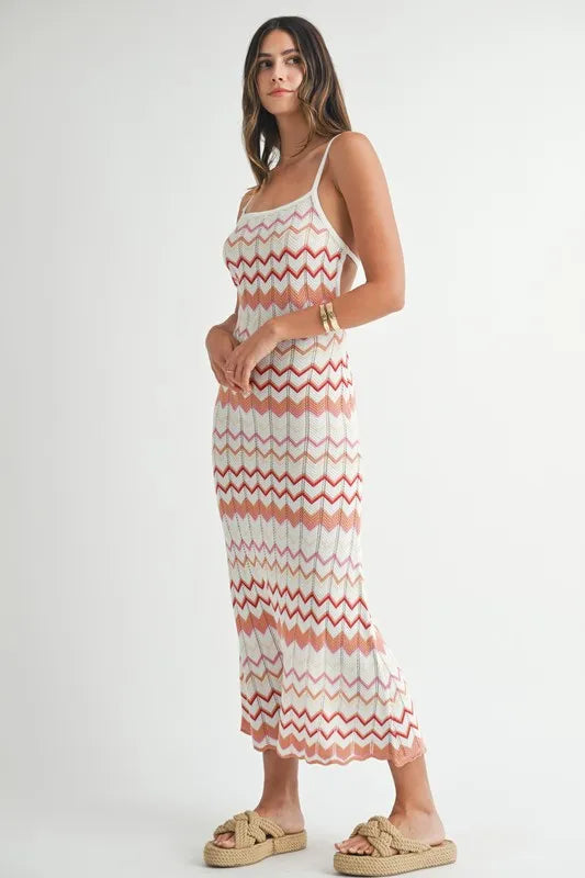 MABLE Lightweight Pointelle Chevron Knit Maxi Dress OutfitFlow
