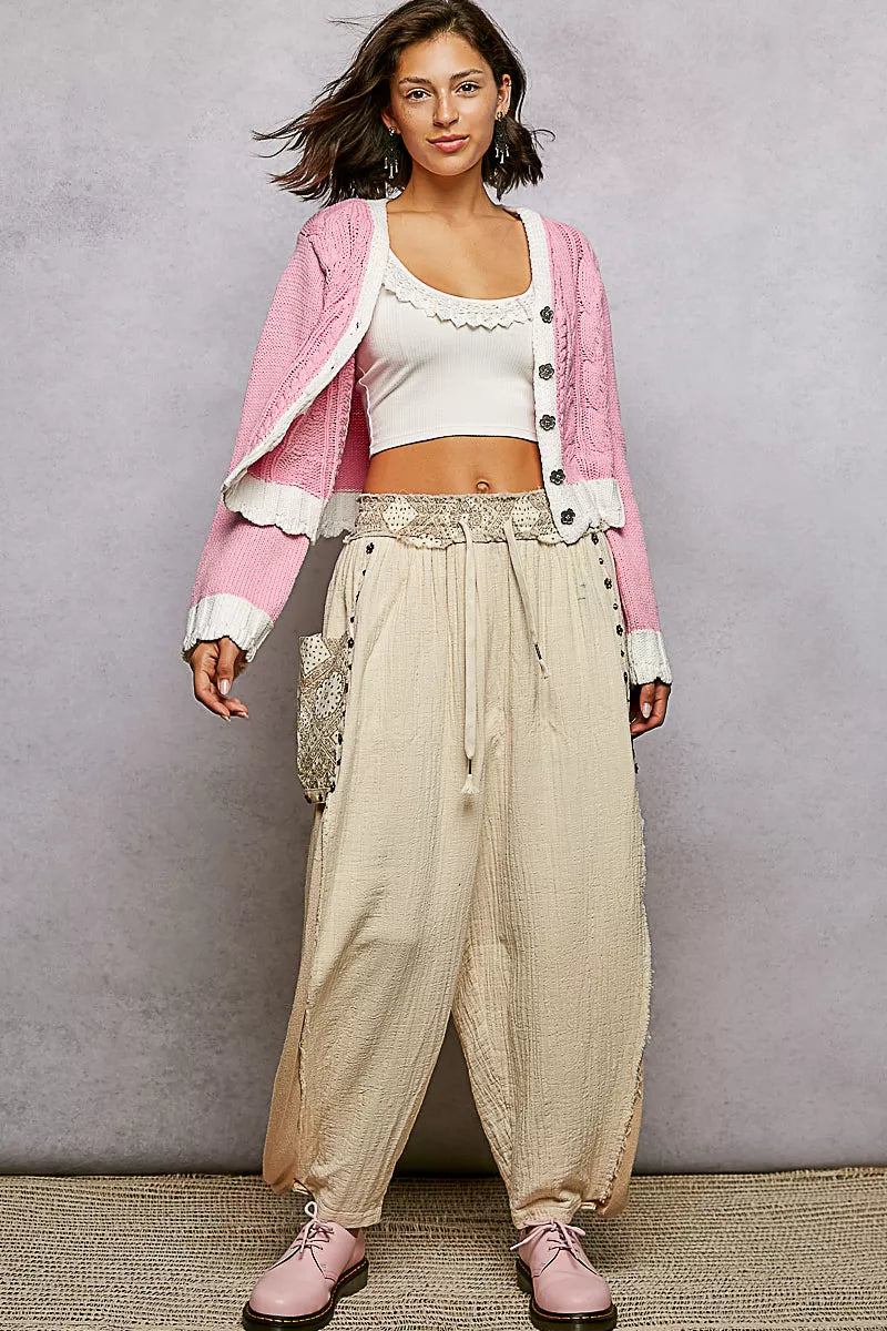 POL Button Down Cable-Knit Cardigan with Contrast Border Accents OutfitFlow