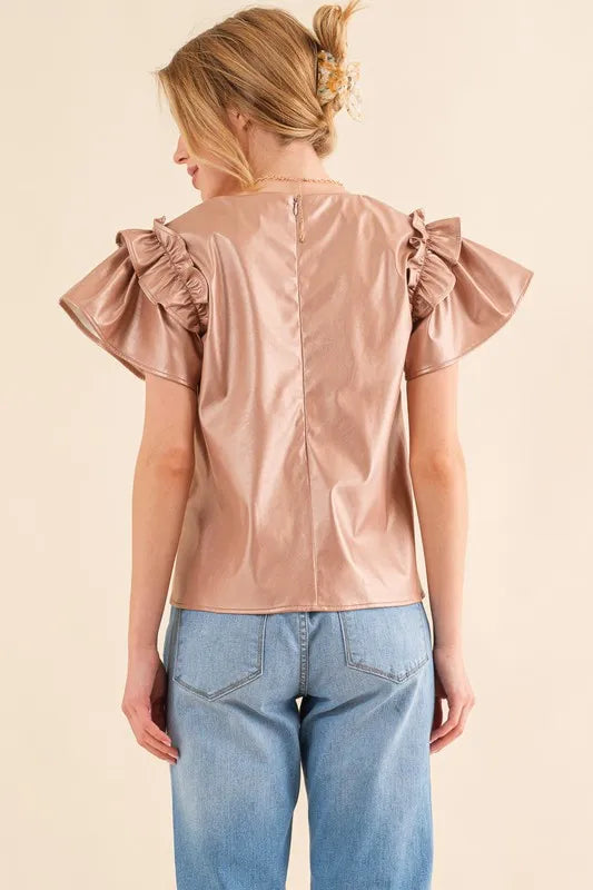 And The Why Faux Leather Ruffle Sleeves V Neck Top OutfitFlow