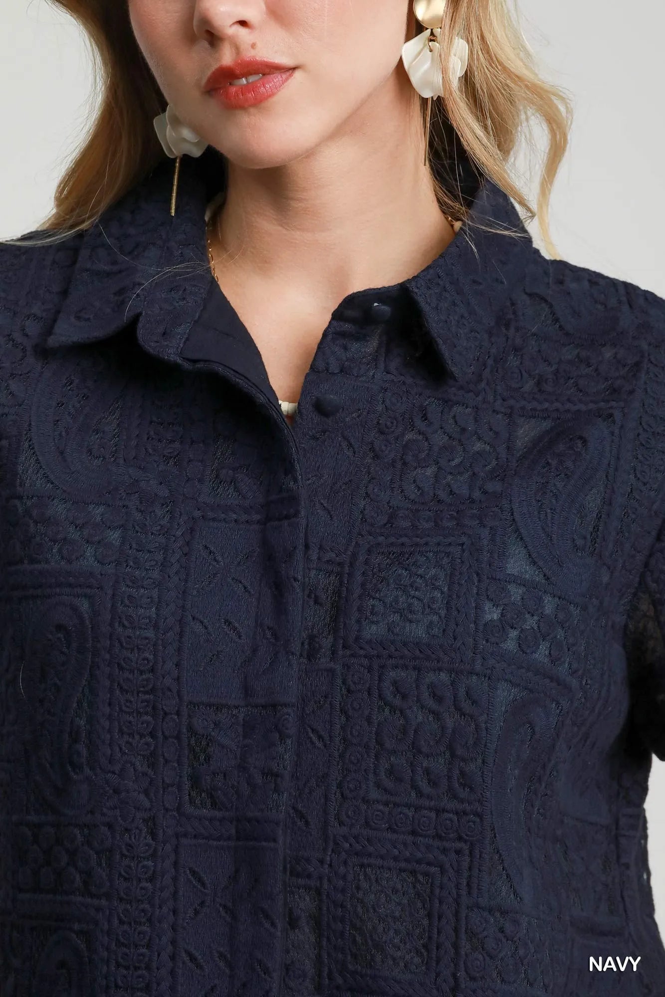 Umgee Patch Lace Short Sleeve Button Down Shirt Trendsi