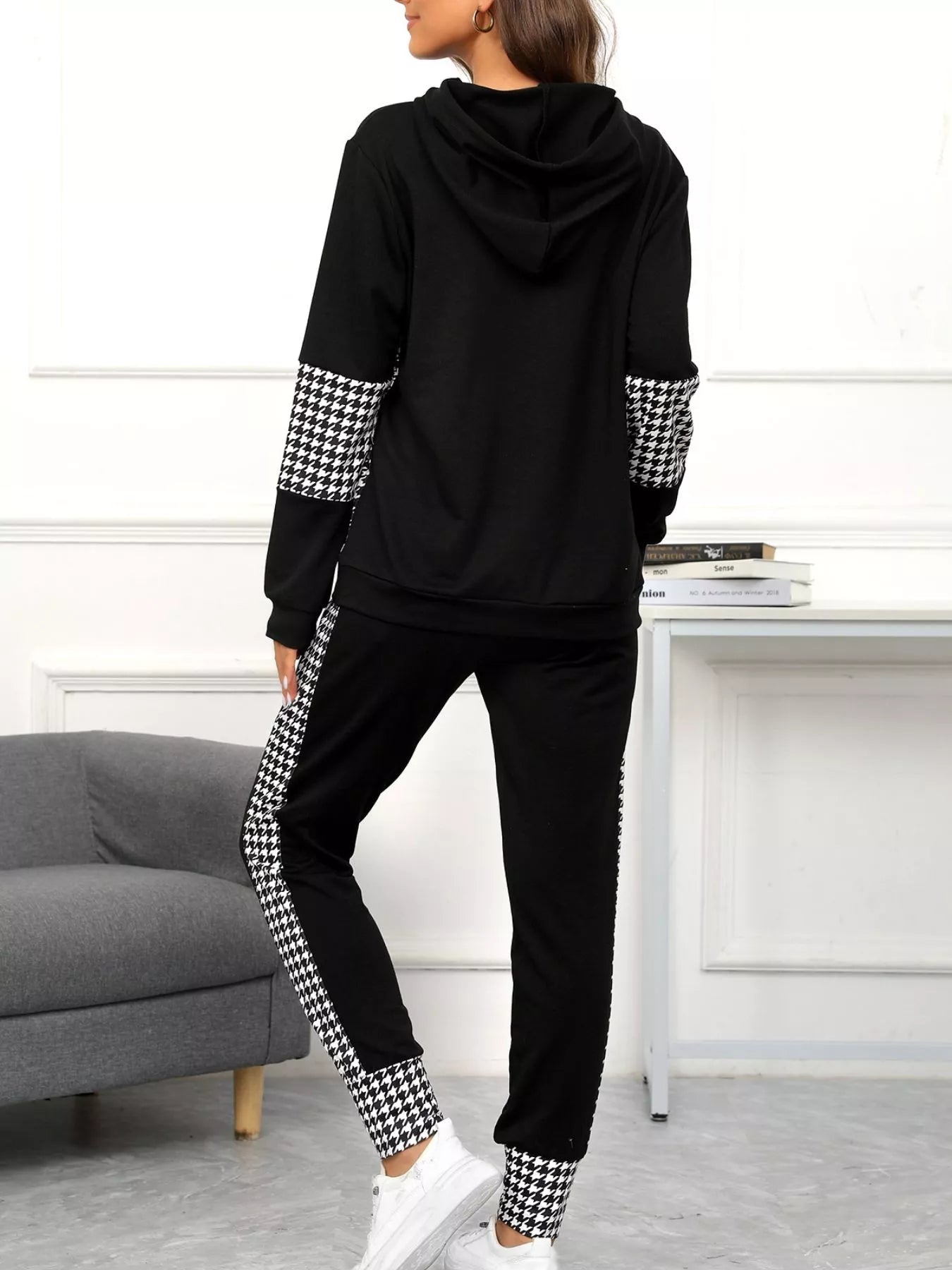 Houndstooth Drawstring Hoodie and Pants Se OutfitFlow