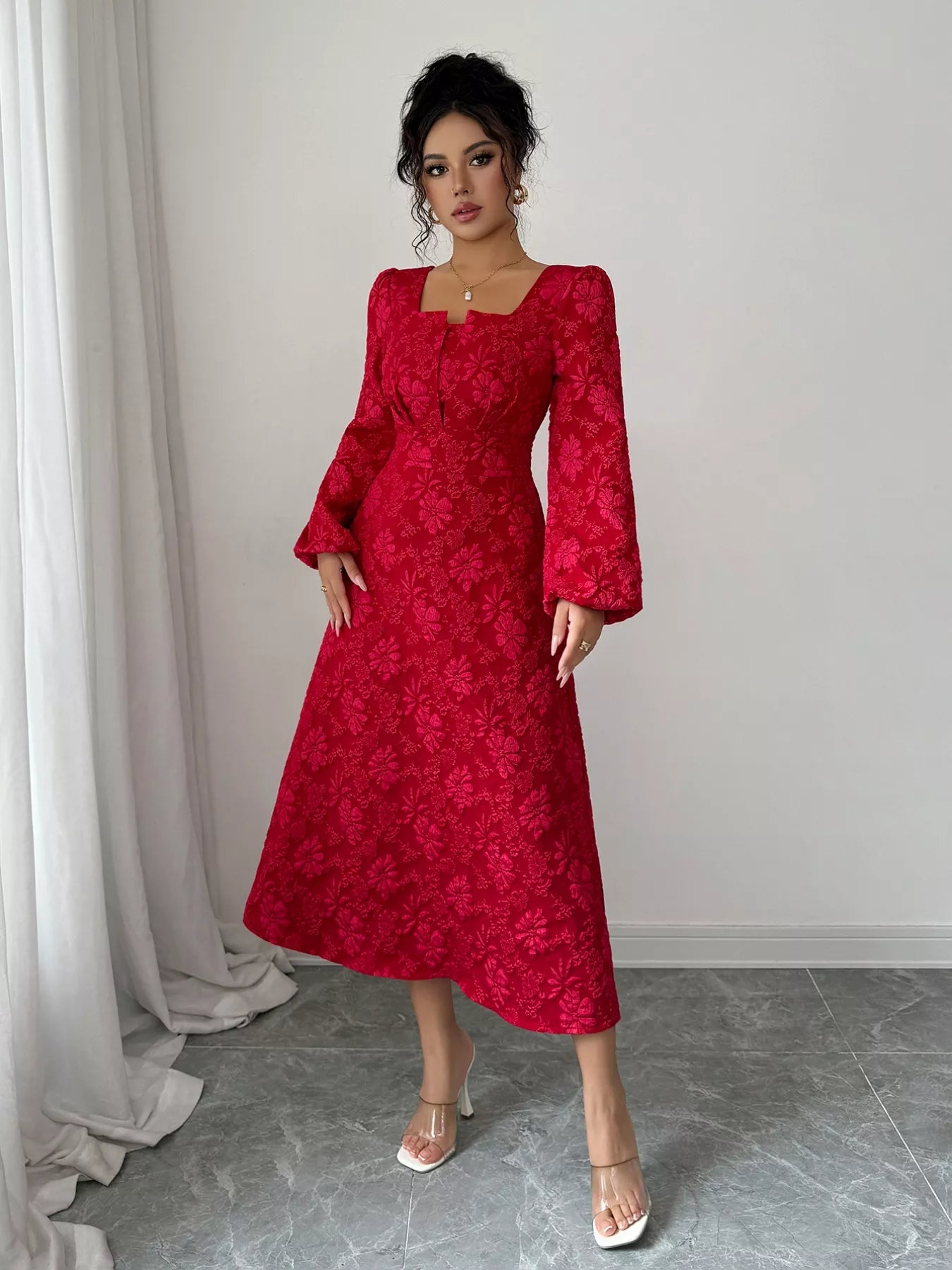 Floral Balloon Sleeve Midi Dress Trendsi