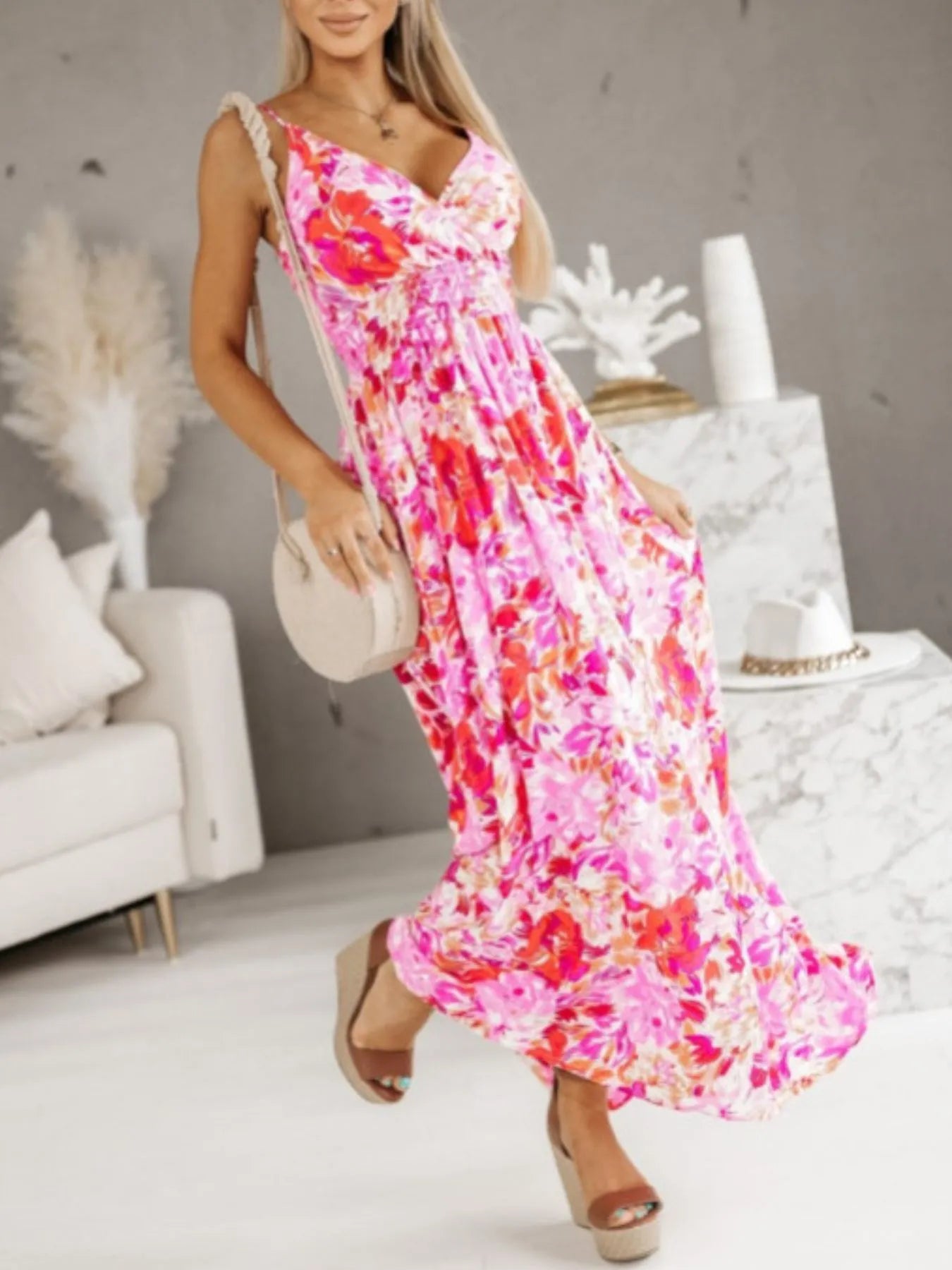 Printed Spaghetti Strap Maxi Dress OutfitFlow