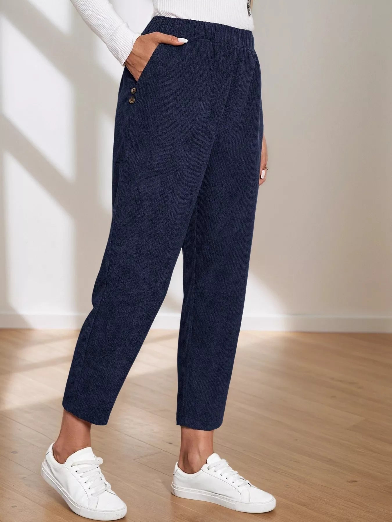 Corduroy Elastic Waist Cropped Pants Blue Trendsi