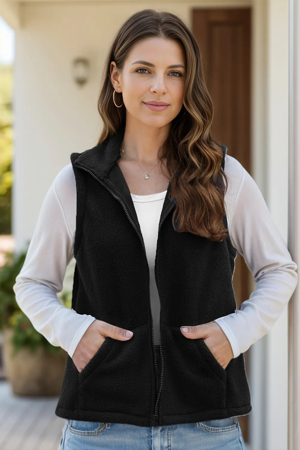 Zip Up Vest Coat with Pockets Trendsi