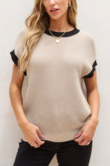 Outfit Flow - Contrast Trim Round Neck Cap Sleeve Knit Top