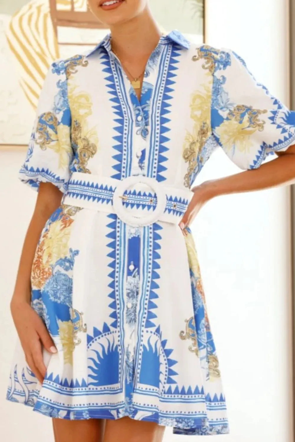 Printed Collared Neck Half Sleeve Dress White OutfitFlow