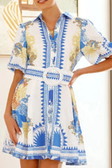 Printed Collared Neck Half Sleeve Dress White OutfitFlow