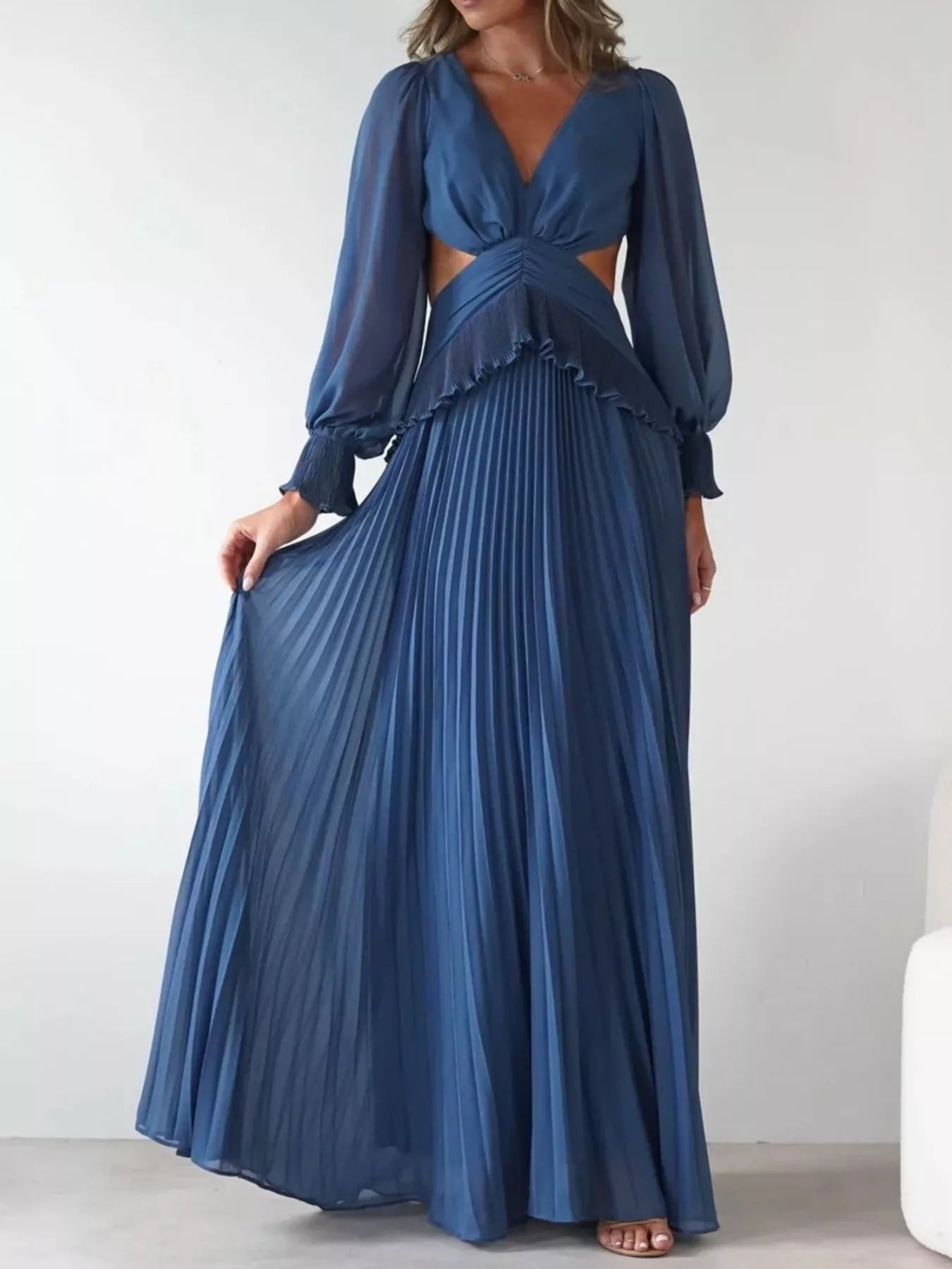 Backless Pleated Long Sleeve Maxi Dress OutfitFlow