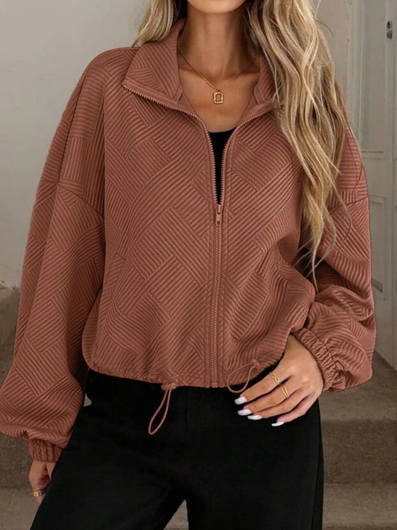 Textured Zip-Up Drawstring Hem Jacket Burgundy Trendsi