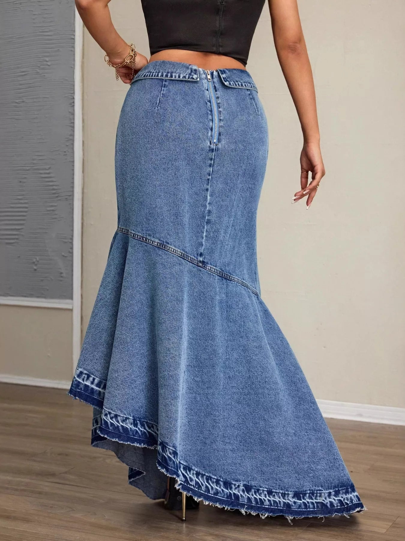 High-Waist Asymmetrical Slit Denim Maxi Mermaid Skirt OutfitFlow