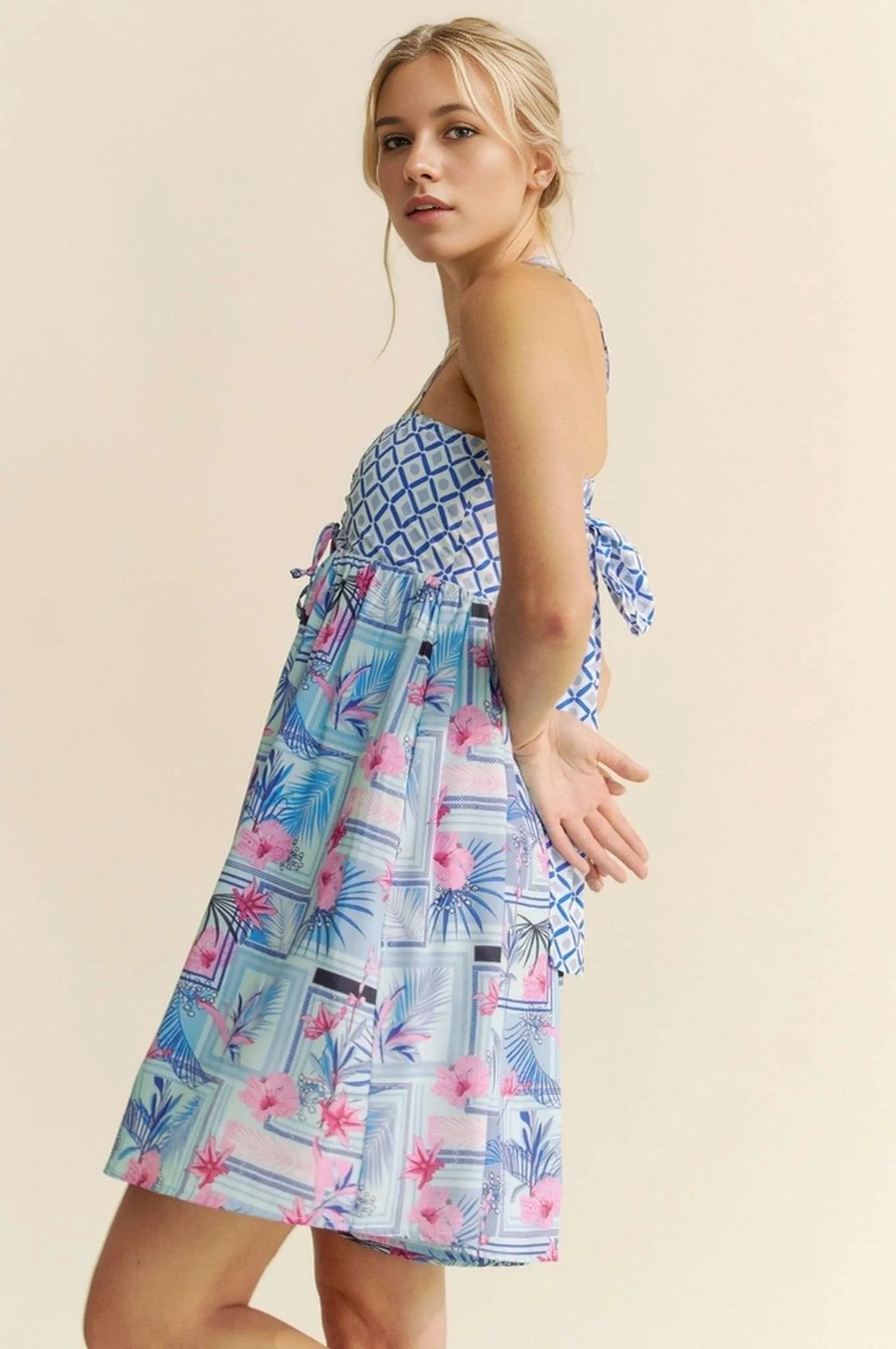 Davi & Dani Tropical Floral Geo Print Tie Back Tube Top Romper OutfitFlow