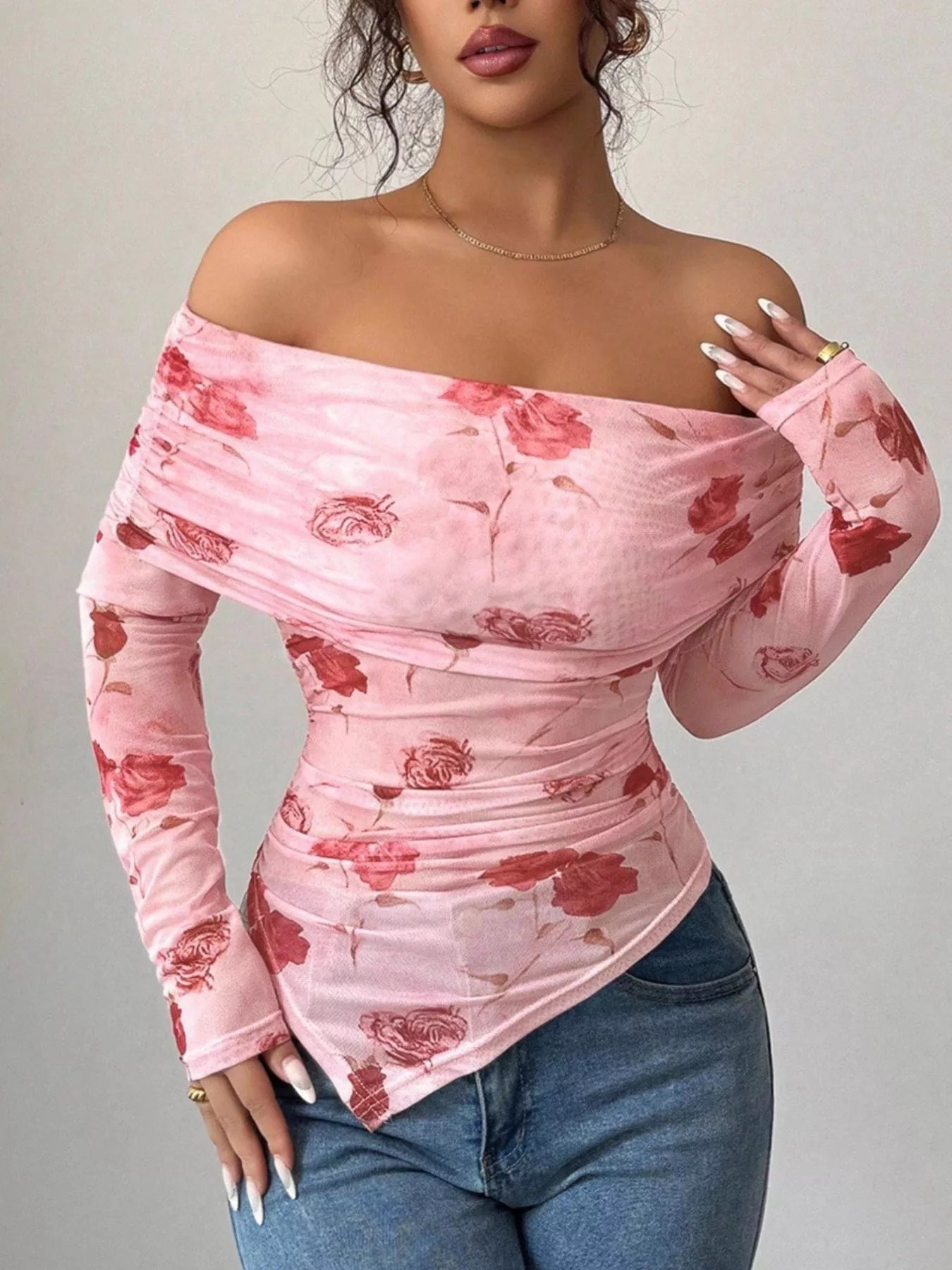 Floral Print Off-Shoulder Mesh Top Pink OutfitFlow