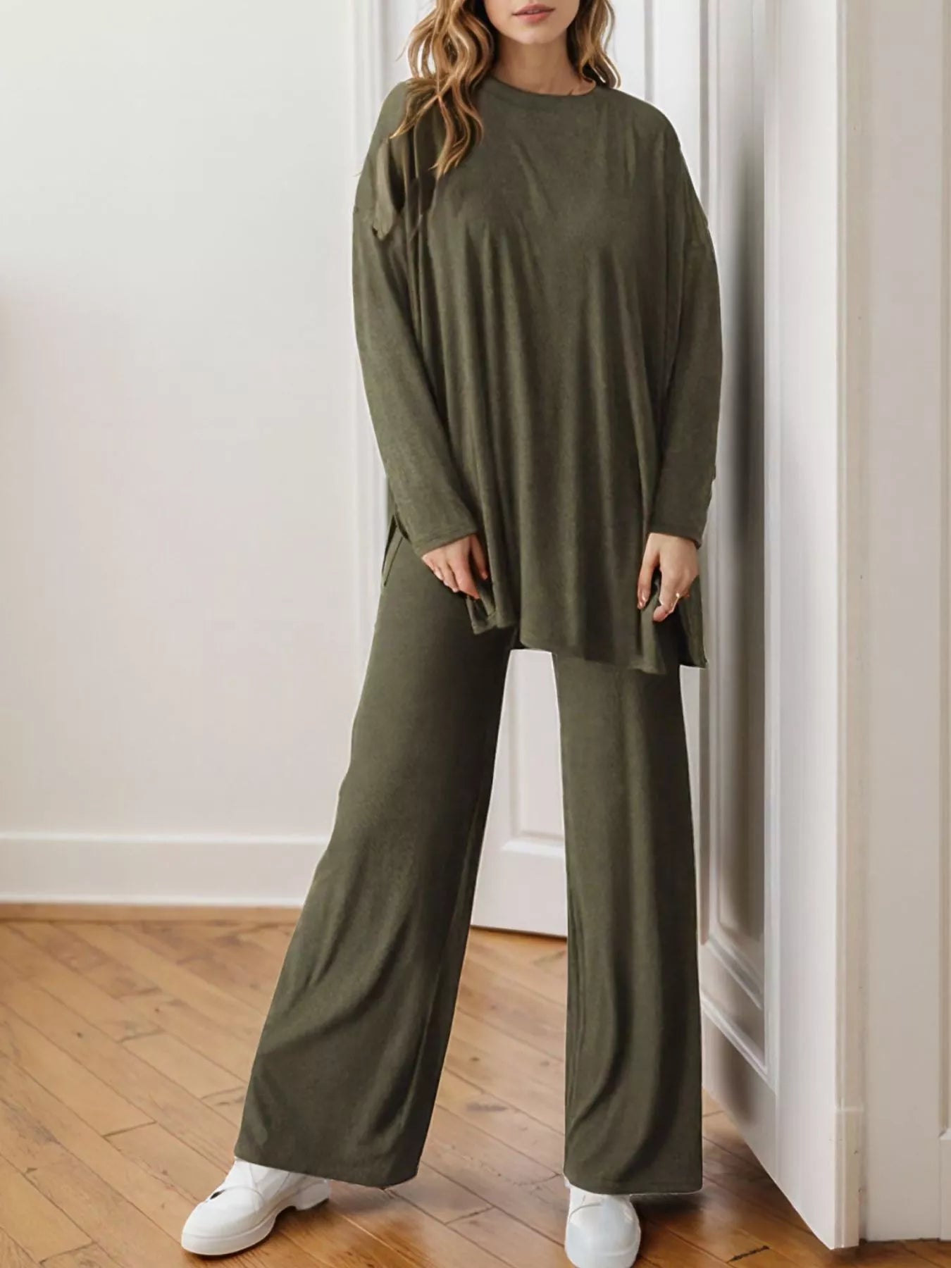 Casual Loose Long Sleeve Top and Wide Leg Pants Set Army Green Trendsi