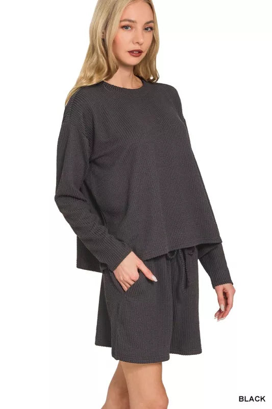 Zenana Corded Rib Long Sleeve Tee and Shorts Set BLACK Trendsi