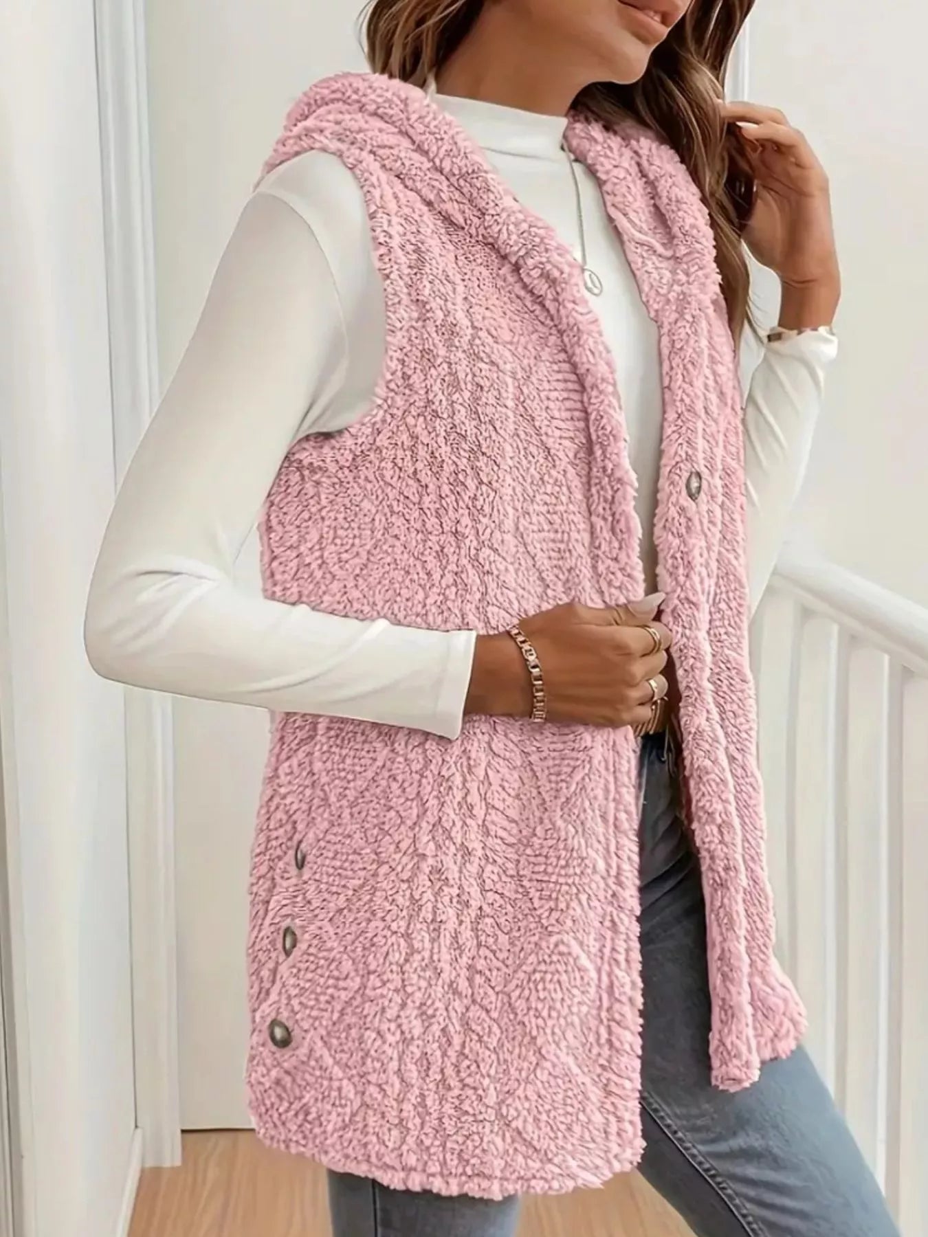 Button Up Plush Hooded Vest Coat OutfitFlow