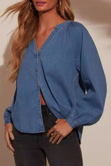 Outfit Flow - Plunge Button Up Long Sleeve Denim Top