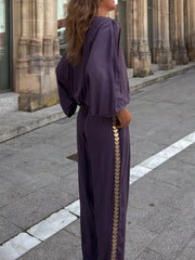 Full Size Contrast Trim V-Neck Top and Pants Set Plus Size OutfitFlow