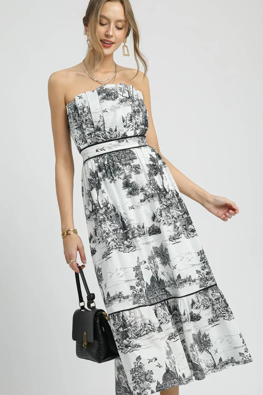 Umgee Printed Tiered Tube Midi Dress OutfitFlow