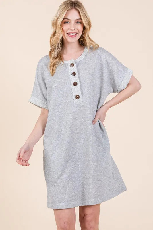 BOMBOM Casual Contrast Trim Henley Dress OutfitFlow