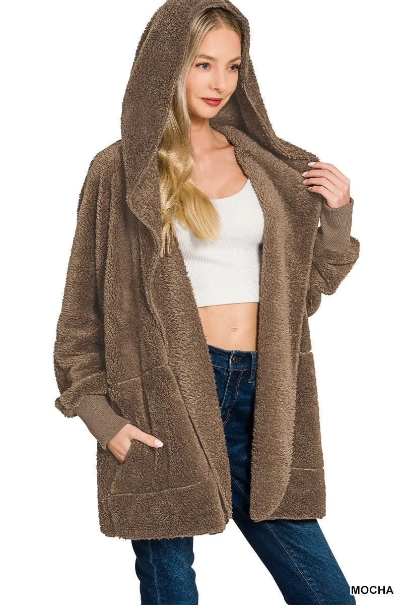 Zenana Hooded Faux Fur Jacket with Pockets MOCHA Trendsi