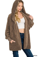 Zenana Hooded Faux Fur Jacket with Pockets MOCHA Trendsi