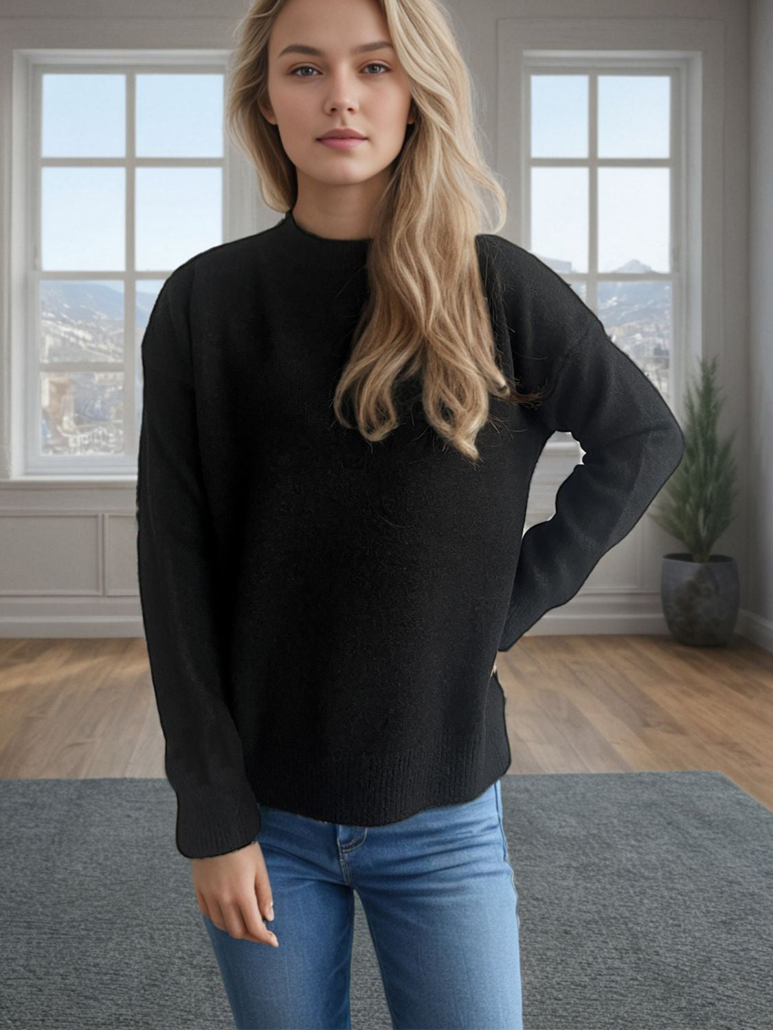 Outfit Flow - Round Neck Drop Shoulder Long Sleeve Sweater