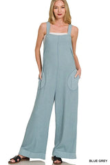 Zenana Knit Waffle Wide Leg Overalls BLUE GREY OutfitFlow