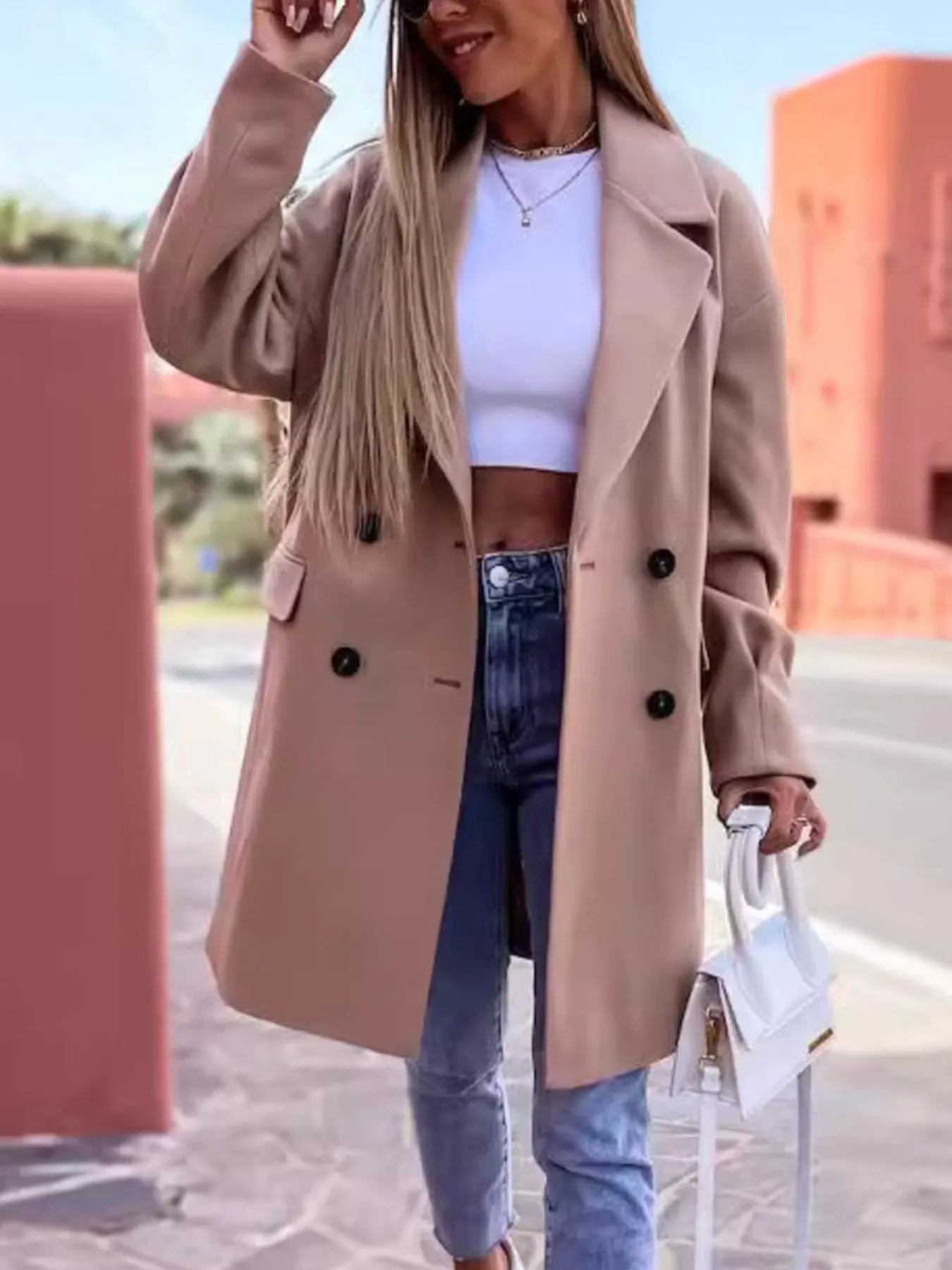 Full Size Double-Breasted Wool Coat Plus Size Trendsi
