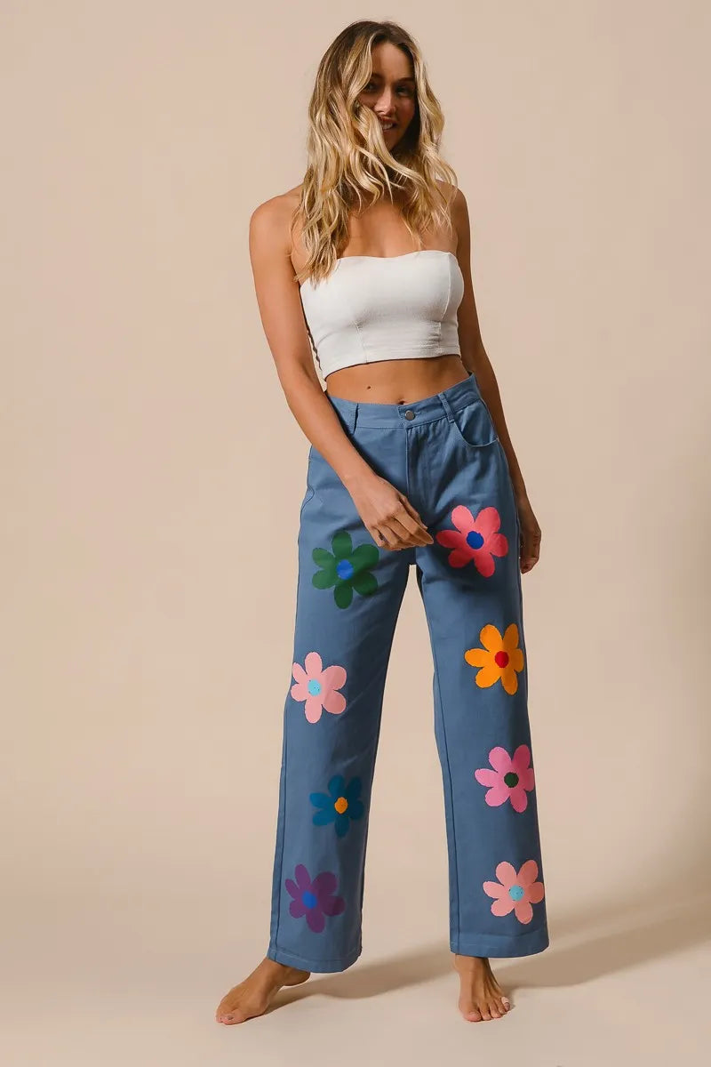 BiBi Flower Print Straight Legs Pants OutfitFlow