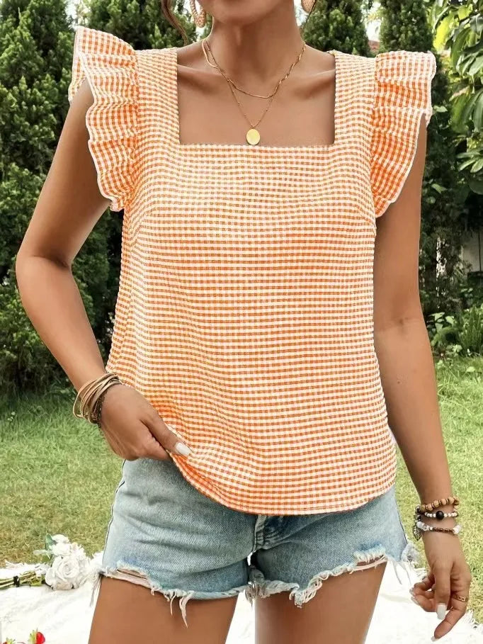 Ruffle Sleeve Gingham Square Neck Top Orange OutfitFlow