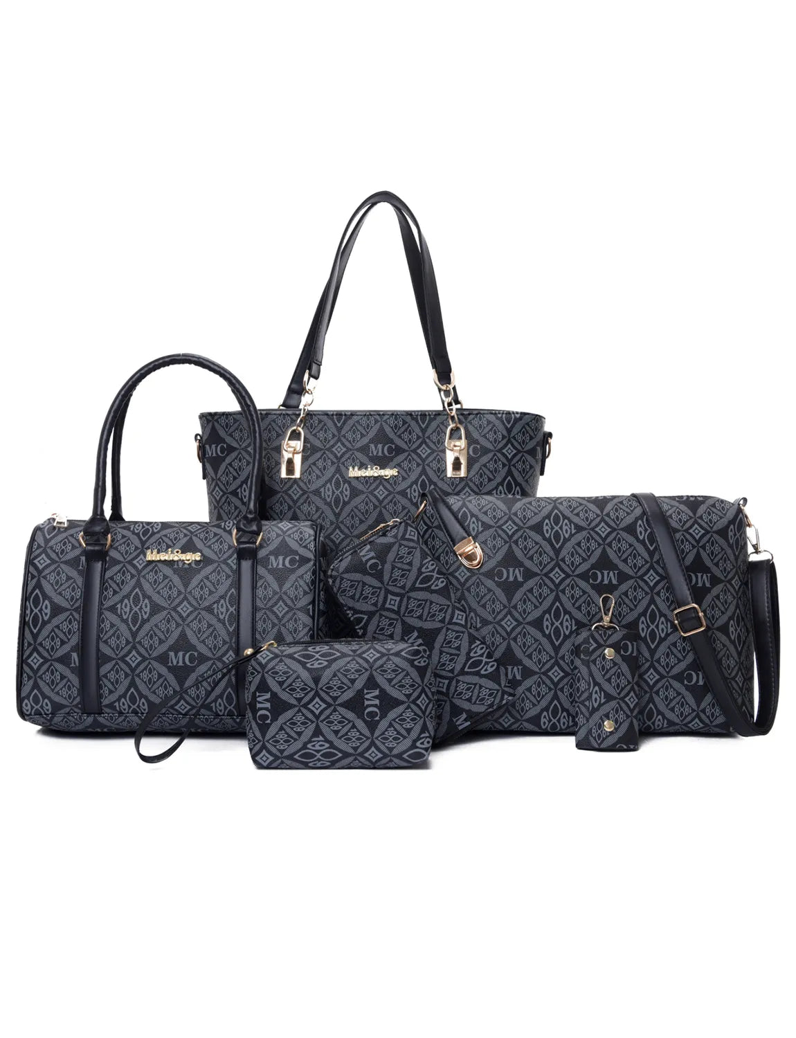 6-Piece Geometric Pattern Bag Set Gray onesize OutfitFlow