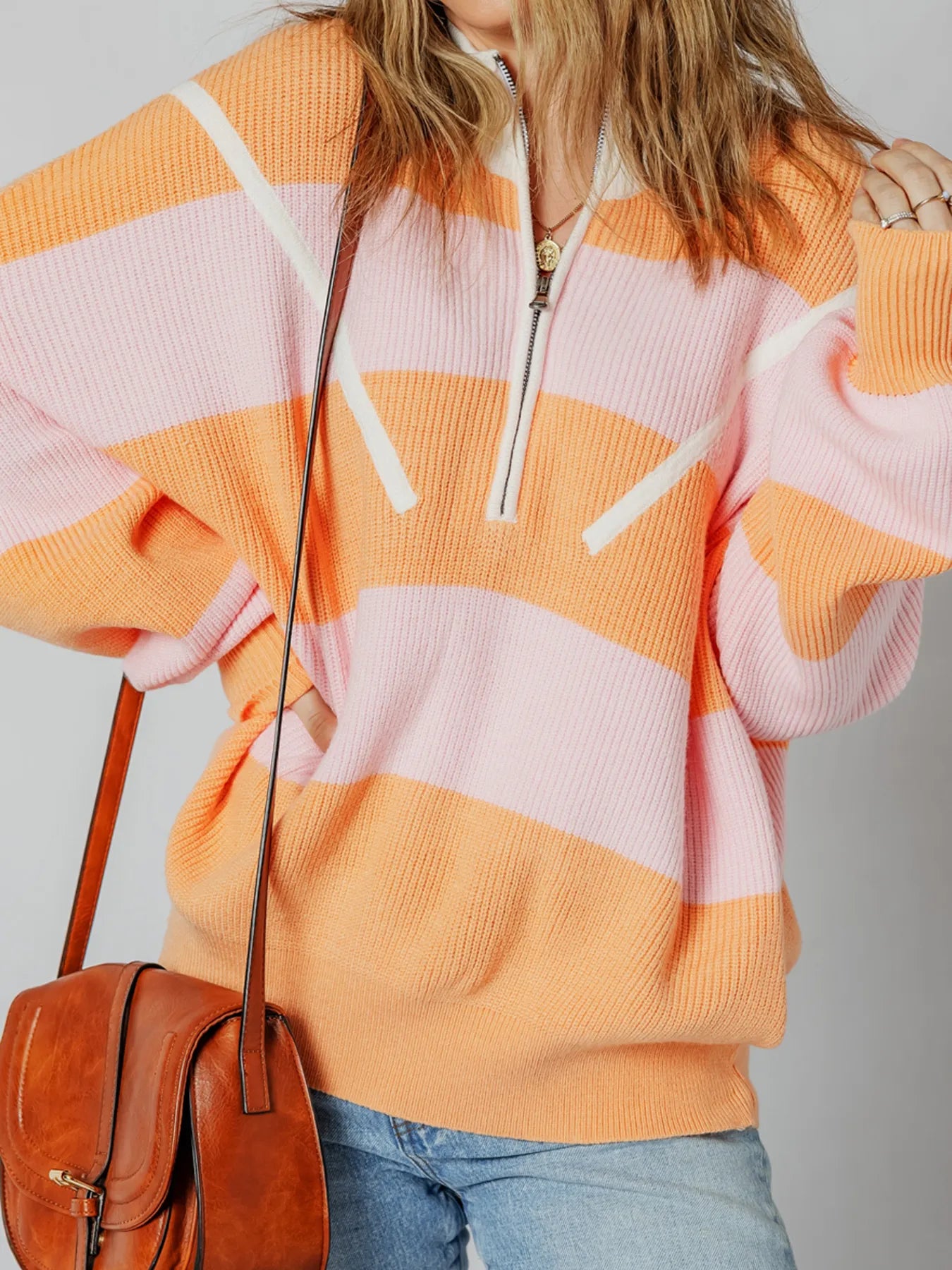 Stripe Color Block Half Zip Oversize Sweater OutfitFlow