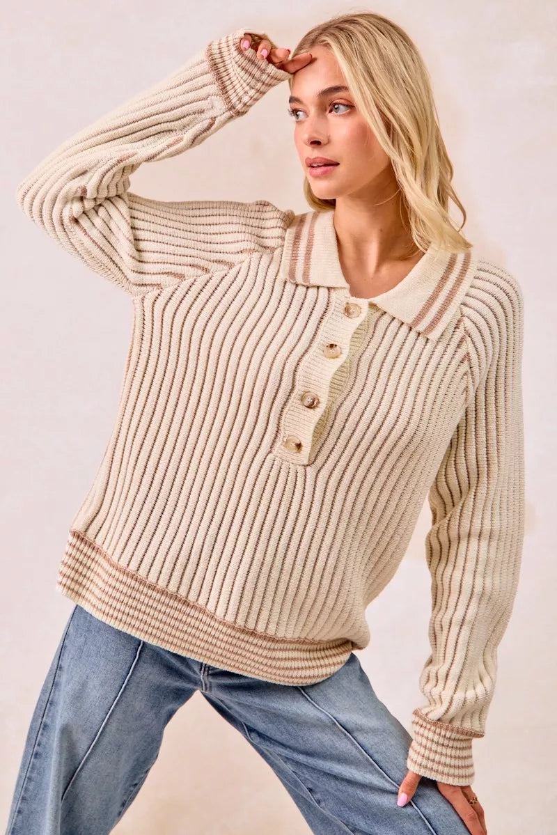 BiBi Half Button Ribbed Two Tone Sweater OutfitFlow