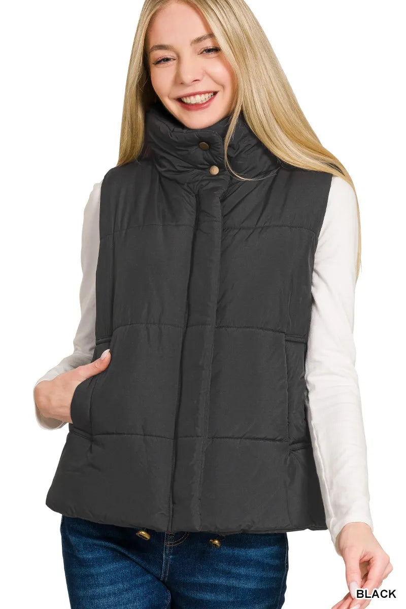 Zenana High Neck Zip-Up Vest Coat BLACK OutfitFlow