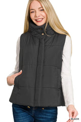 Zenana High Neck Zip-Up Vest Coat BLACK OutfitFlow