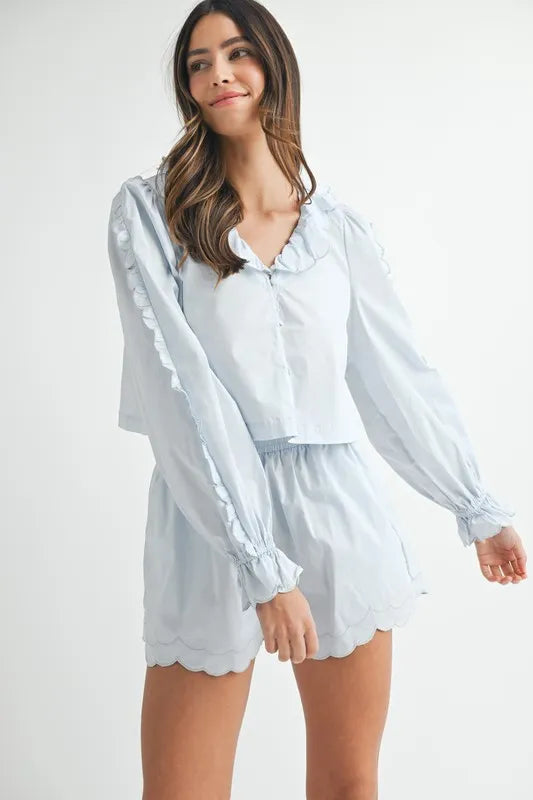 MABLE Long Sleeve Scallop Blouse and Shorts Set OutfitFlow
