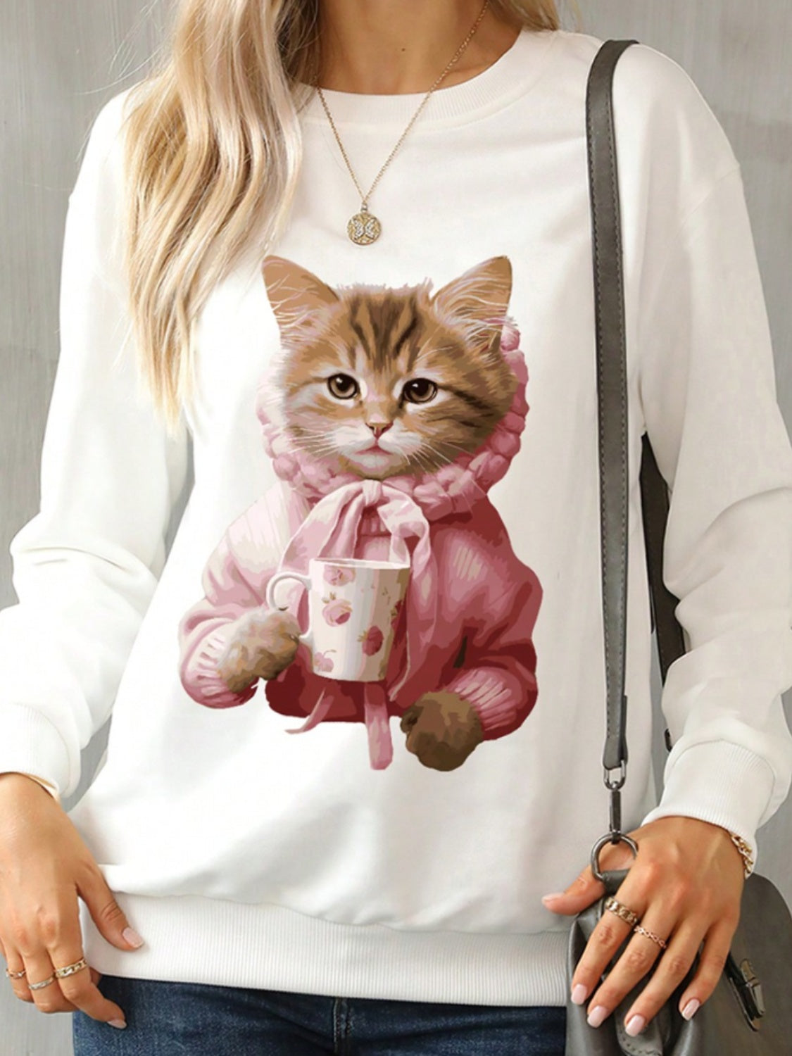 Outfit Flow - Cat Round Neck Long Sleeve Sweatshirt