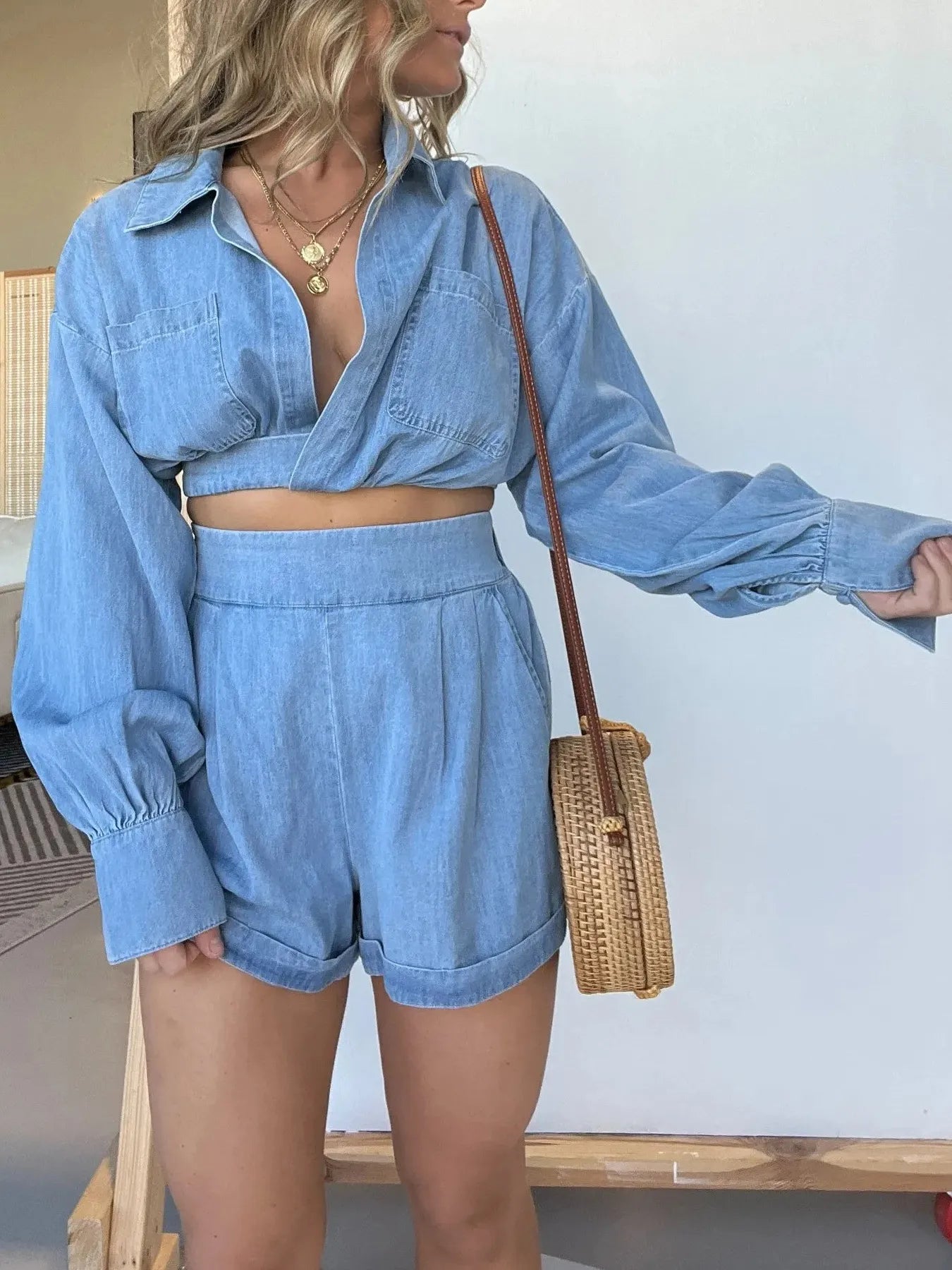 Full Size Long Sleeve Top and Shorts Denim Set Plus Size OutfitFlow
