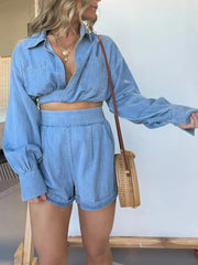 Full Size Long Sleeve Top and Shorts Denim Set Plus Size OutfitFlow