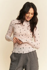 Davi & Dani Ribbon Bow Lace Hem Long Sleeve Mesh Layering Top OutfitFlow