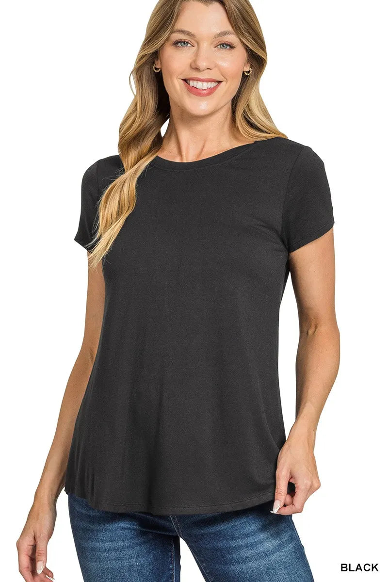 Zenana Flowy Round Hem Rayon Short Sleeve T-Shirt BLACK Trendsi