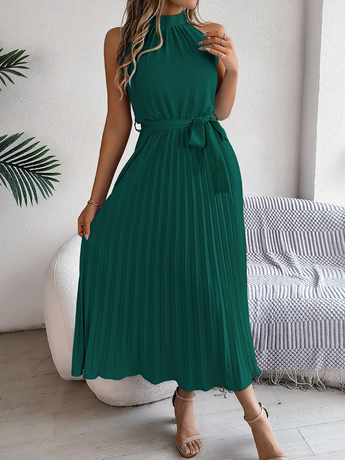 Grecian Neck Tie Waist Pleated Dress OutfitFlow